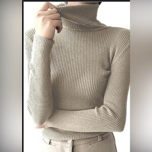 The Group Babaton Women's Ribbed Turtleneck Sweater Beige Size S